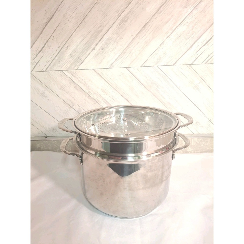 Goodful 8 Quart Big Stockpot 3 Piece Steamer Strainer Colander Steel W Glass Lid - Picture 3 of 8
